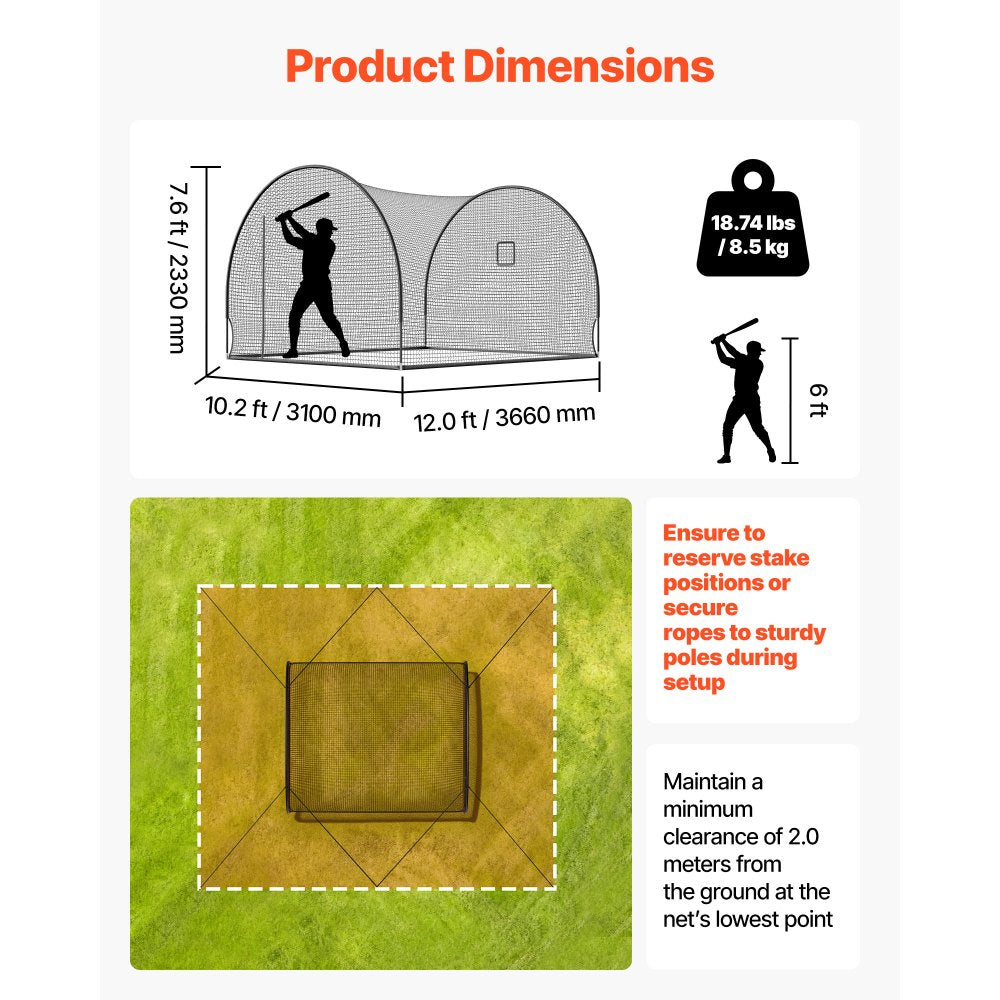VEVOR Baseball Batting Cage, 12 x 10.2 x 7.6 FT Freestanding Hitting Net, for Outdoor Practice, 4-Ply Knotless Polyester Netting, Pitching Machine Opening, Baseball Hitting Trainer for Backyards