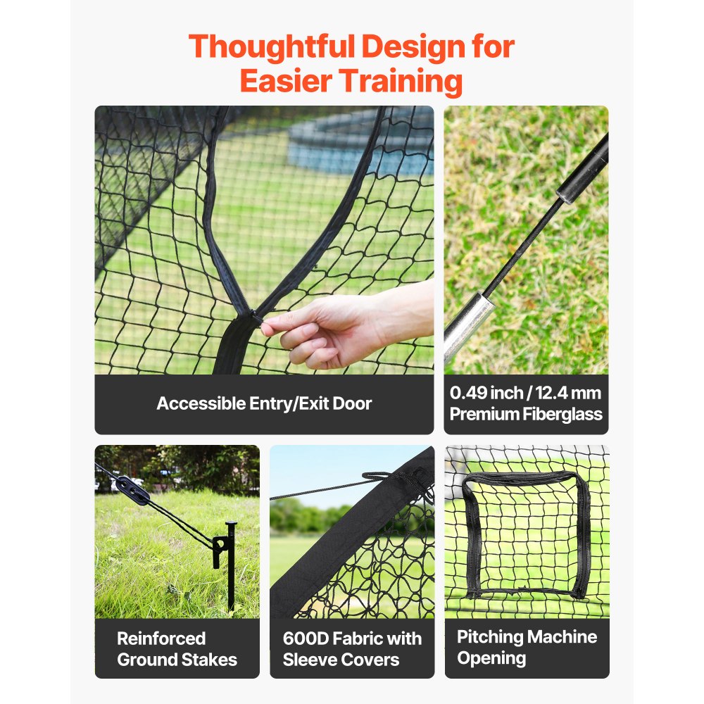VEVOR Baseball Batting Cage, 12 x 10.2 x 7.6 FT Freestanding Hitting Net, for Outdoor Practice, 4-Ply Knotless Polyester Netting, Pitching Machine Opening, Baseball Hitting Trainer for Backyards