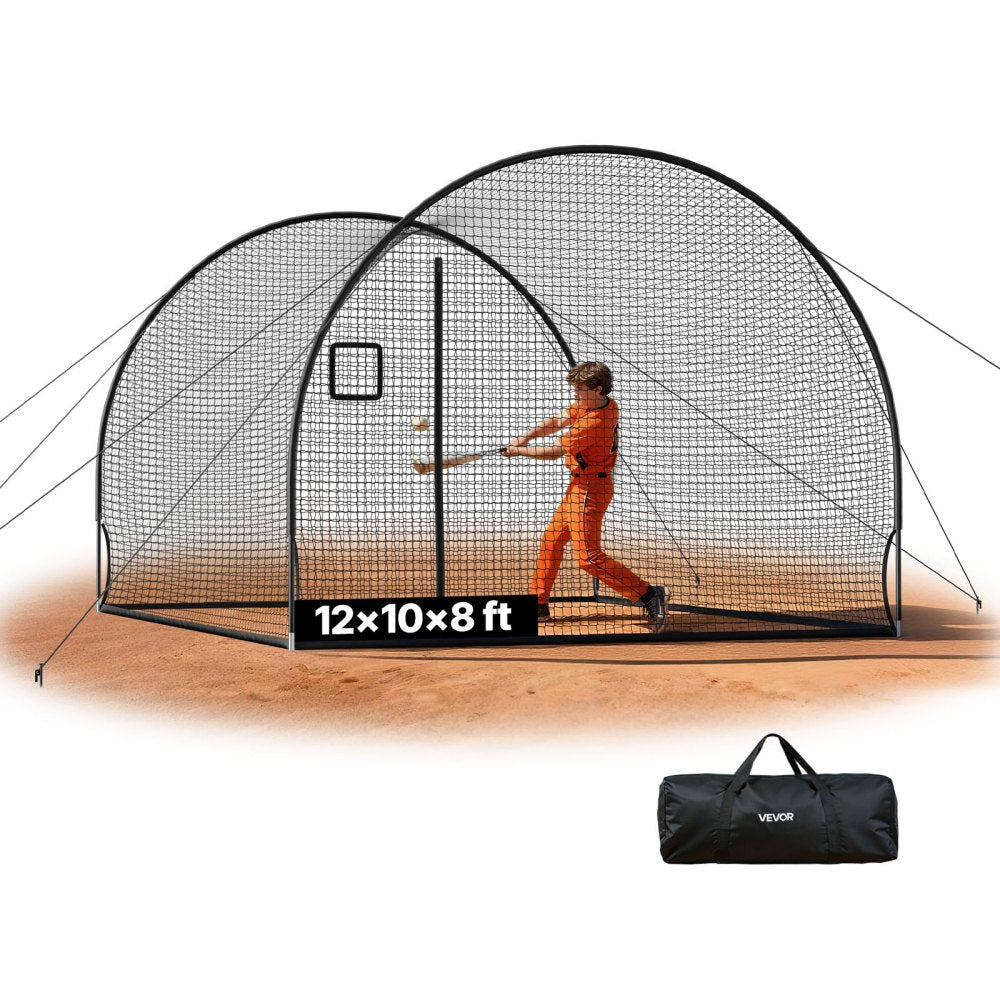 VEVOR Baseball Batting Cage, 12 x 10.2 x 7.6 FT Freestanding Hitting Net, for Outdoor Practice, 4-Ply Knotless Polyester Netting, Pitching Machine Opening, Baseball Hitting Trainer for Backyards