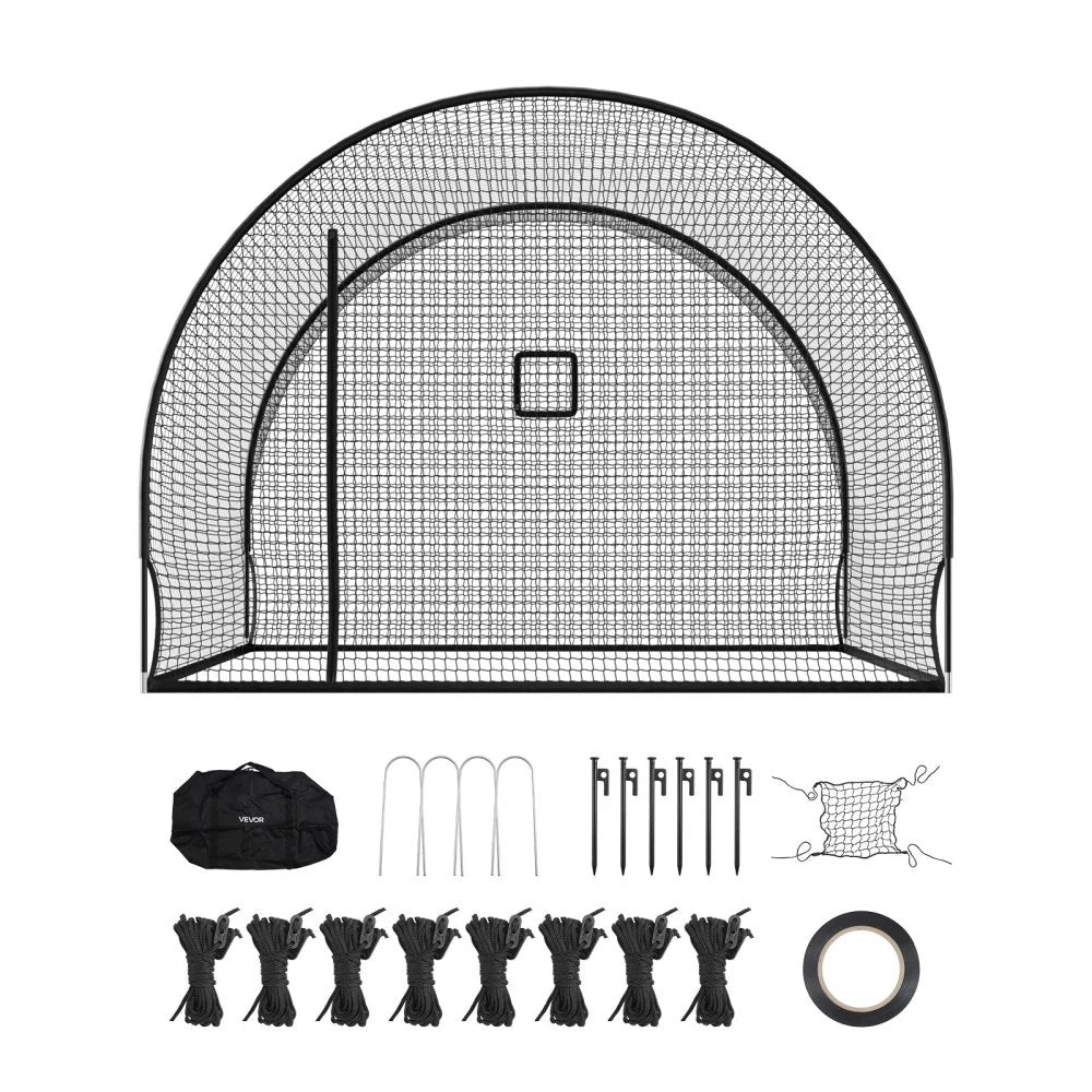 VEVOR Baseball Batting Cage, 12 x 10.2 x 7.6 FT Freestanding Hitting Net, for Outdoor Practice, 4-Ply Knotless Polyester Netting, Pitching Machine Opening, Baseball Hitting Trainer for Backyards