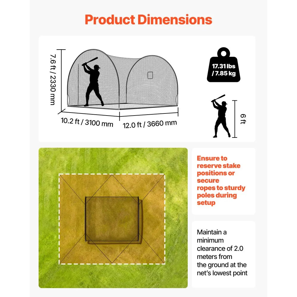 VEVOR Baseball Batting Cage, 12.0 x 10.2 x 7.6 FT Freestanding Portable Batting Cage, Hitting Cages with 4-Ply Knotless Polyester & Pitching Machine Opening, Battings Cages Netting for Indoor Outdoor