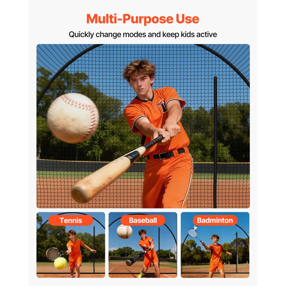 VEVOR Baseball Batting Cage, 22.2 x 12.1 x 7.9 FT Freestanding Portable Batting Cage, Hitting Cages with 4-Ply Knotless Polyester & Pitching Machine Opening, Battings Cages Netting for Indoor Outdoor