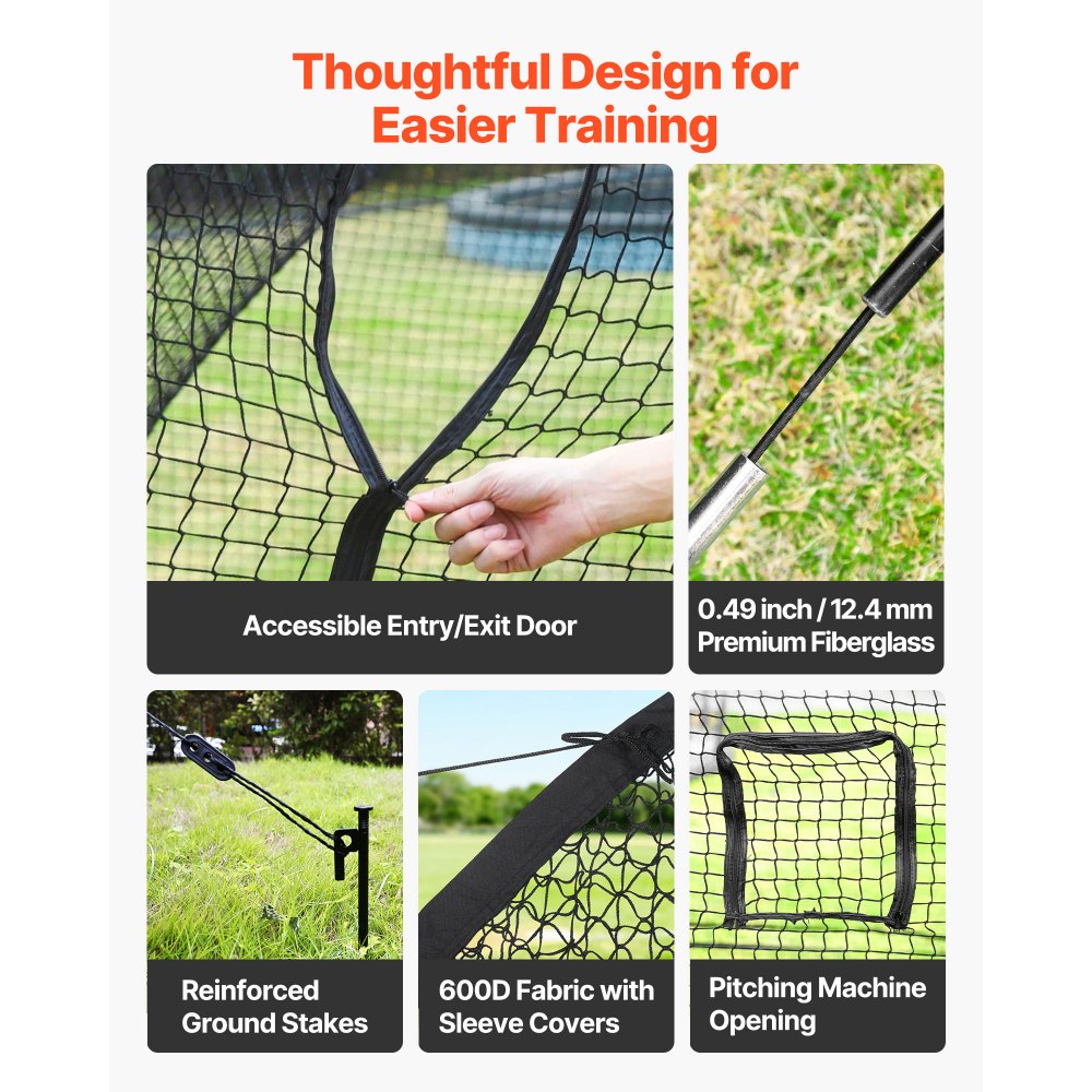 VEVOR Baseball Batting Cage, 33.0 x 12.0 x 9.8 FT Freestanding Hitting Net, for Indoor Outdoor Practice, 4-Ply Knotless Polyester Netting, Pitching Machine Opening, Baseball Hitting Trainer for Team