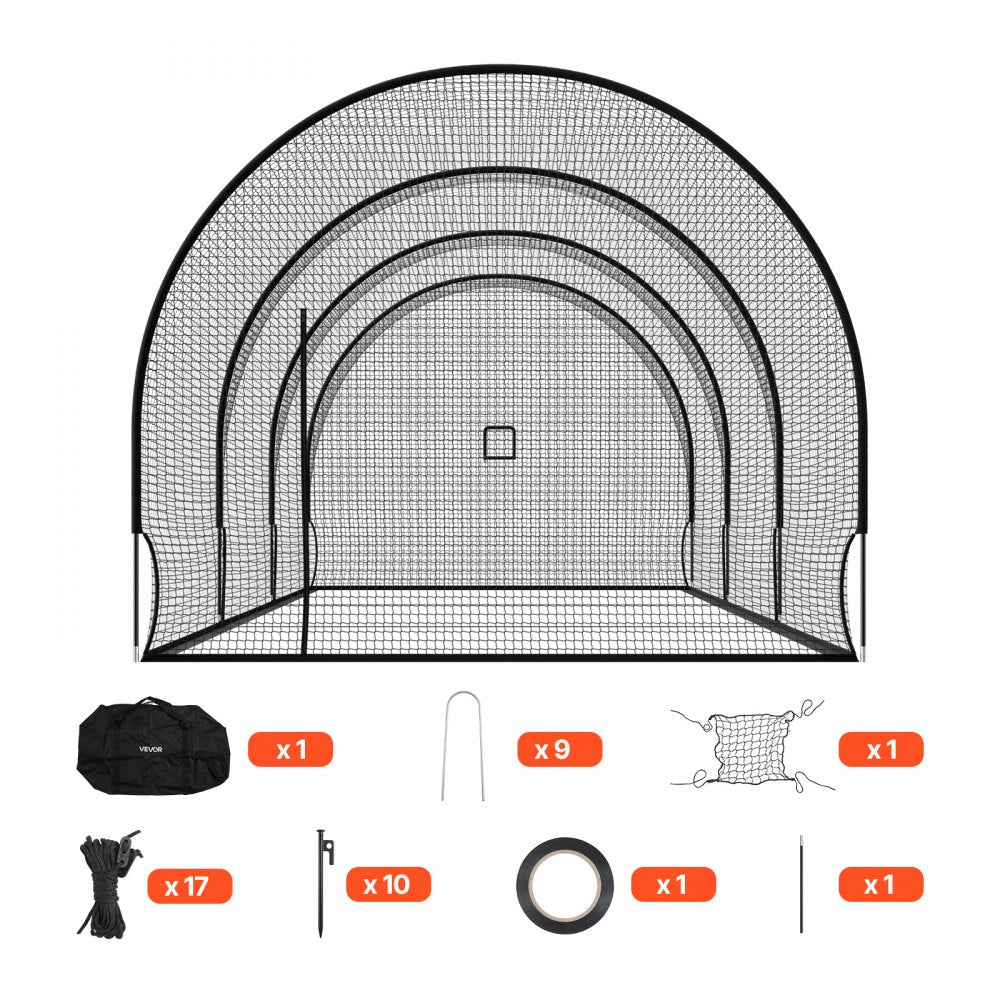 VEVOR Baseball Batting Cage, 33.0 x 12.0 x 9.8 FT Freestanding Hitting Net, for Indoor Outdoor Practice, 4-Ply Knotless Polyester Netting, Pitching Machine Opening, Baseball Hitting Trainer for Team
