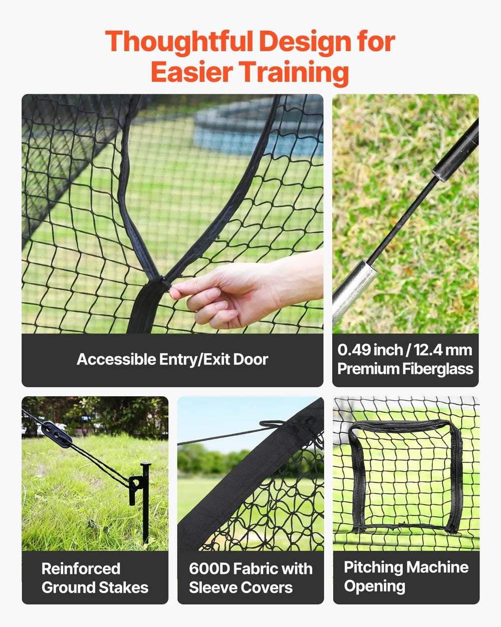 VEVOR Baseball Batting Cage, 33.0 x 12.0 x 9.8 FT Freestanding Portable Batting Cage, Hitting Cages with 4-Ply Knotless Polyester & Pitching Machine Opening, Battings Cages Netting for Indoor Outdoor