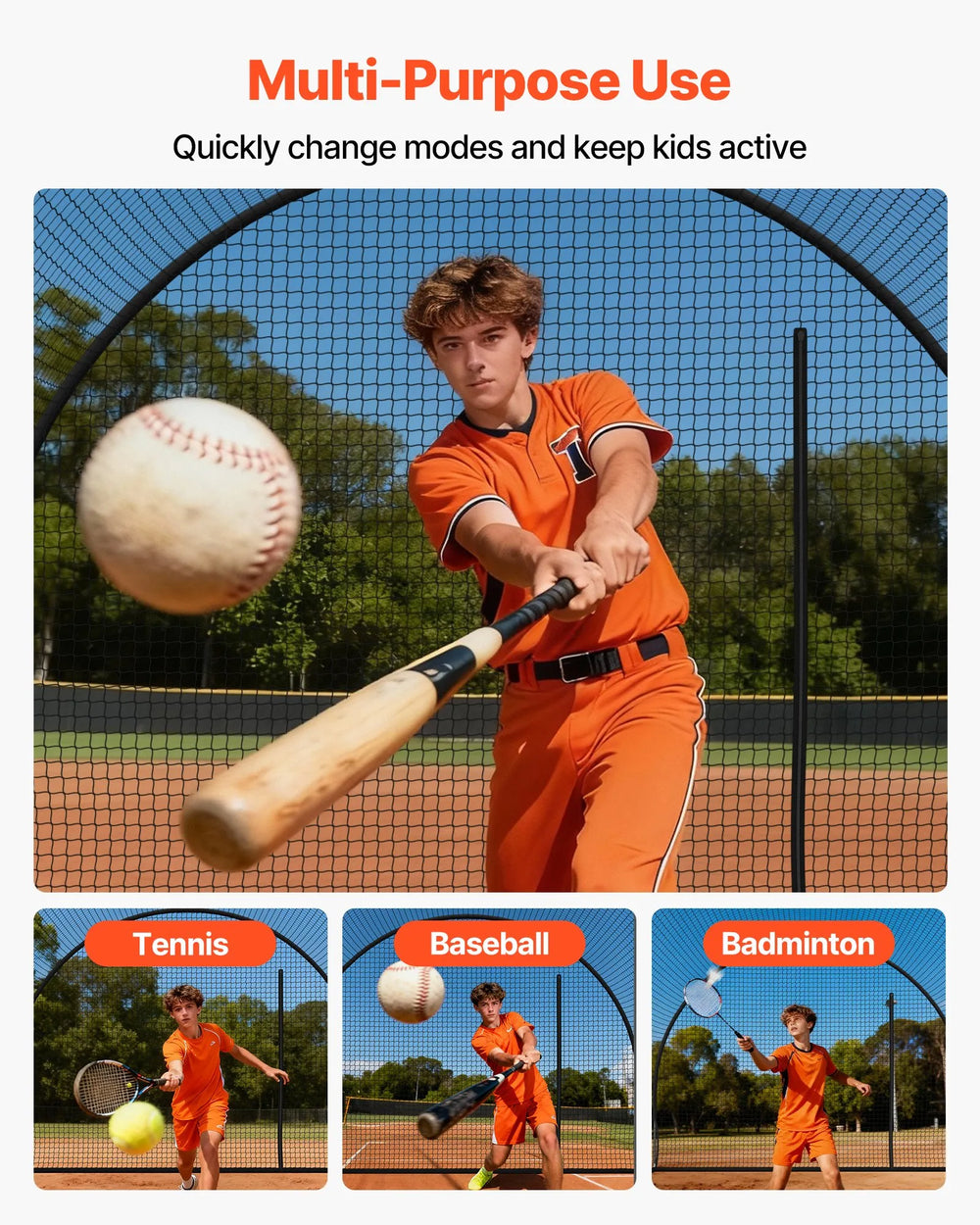 VEVOR Baseball Batting Cage, 33.0 x 12.0 x 9.8 FT Freestanding Portable Batting Cage, Hitting Cages with 4-Ply Knotless Polyester & Pitching Machine Opening, Battings Cages Netting for Indoor Outdoor