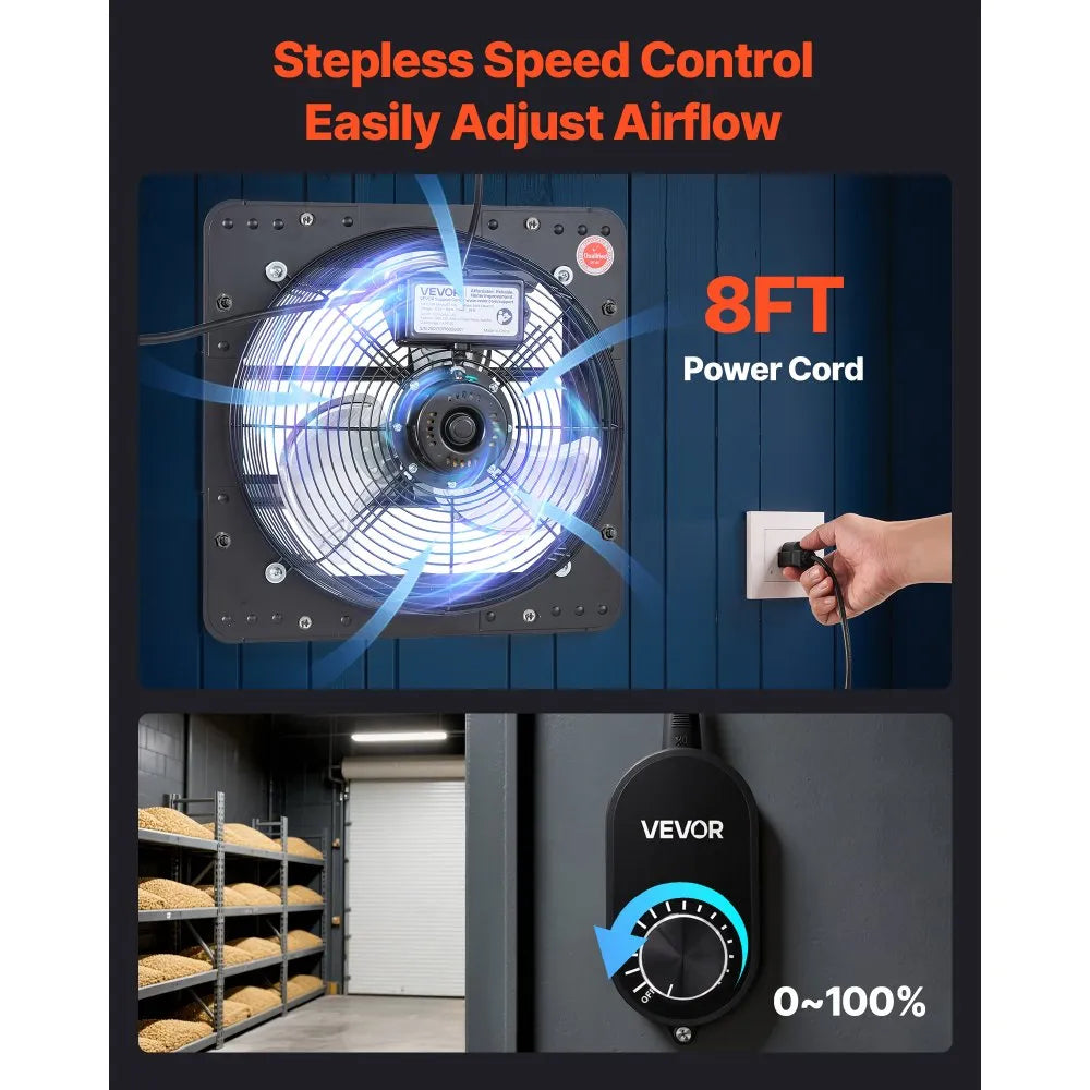 VEVOR 12 inch Shutter Exhaust Fan, Wall Mounted Attic Vent Fan with Variable Speed Controller, 1100 CFM, AC Motor, Heavy-duty Steel, Low Noise for Shed, Garage, Greenhouse Ventilation Cooling, Black