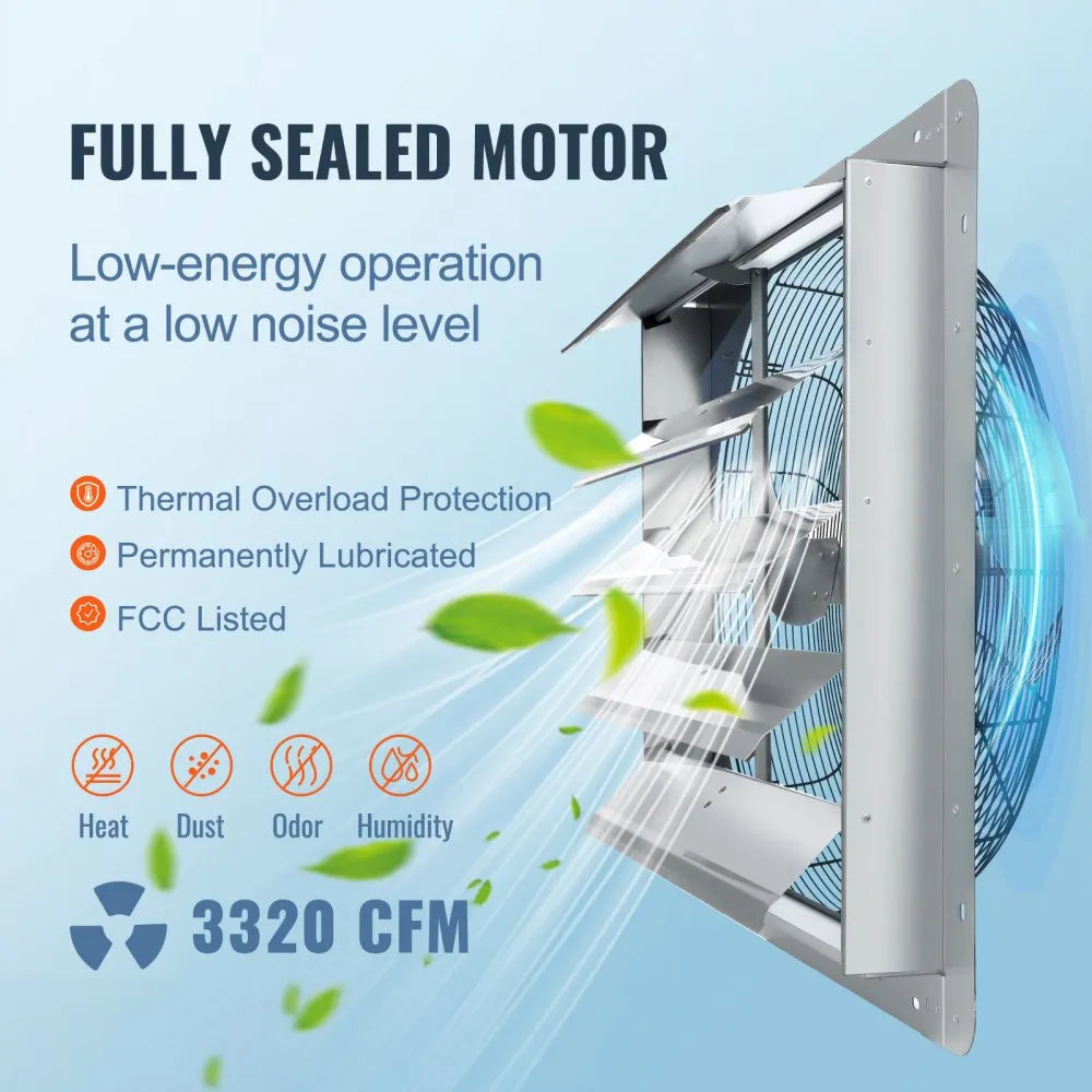VEVOR 24'' Shutter Exhaust Fan, High-speed 3320 CFM, Aluminum Wall Mount Attic Fan with AC-motor, Ventilation and Cooling for Greenhouses, Garages, Sheds, Shops, FCC