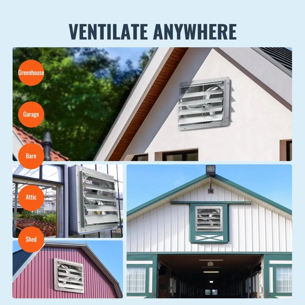VEVOR 24'' Shutter Exhaust Fan, High-speed 3320 CFM, Aluminum Wall Mount Attic Fan with AC-motor, Ventilation and Cooling for Greenhouses, Garages, Sheds, Shops, FCC