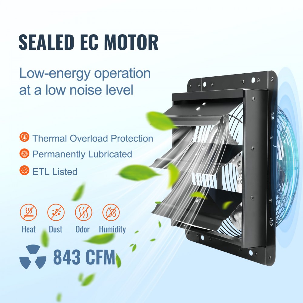 VEVOR Shutter Exhaust Fan, 10'' with Temperature Humidity Controller,  EC-motor, 820 CFM, 10-Speed Adjustable Wall Mount Attic Fan, Ventilation and Cooling for Greenhouses, Garages, Sheds, ETL Listed