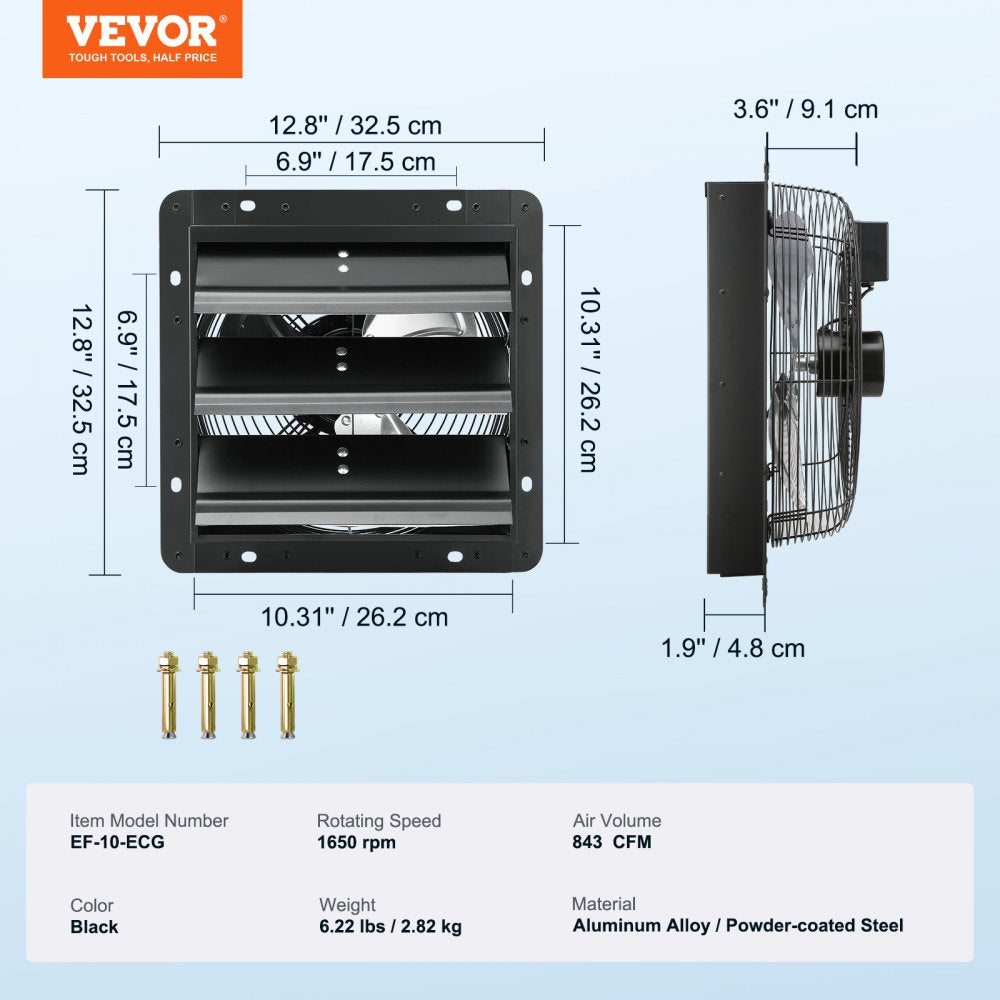 VEVOR Shutter Exhaust Fan, 10'' with Temperature Humidity Controller,  EC-motor, 820 CFM, 10-Speed Adjustable Wall Mount Attic Fan, Ventilation and Cooling for Greenhouses, Garages, Sheds, ETL Listed