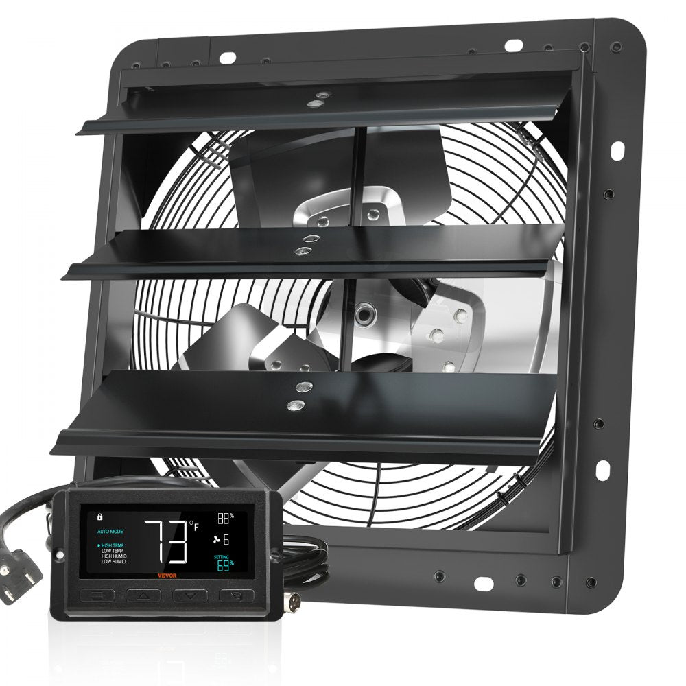 VEVOR Shutter Exhaust Fan, 12'' with Temperature Humidity Controller,  EC-motor, 940 CFM, 10-Speed Adjustable Wall Mount Attic Fan, Ventilation and Cooling for Greenhouses, Garages, Sheds, ETL Listed