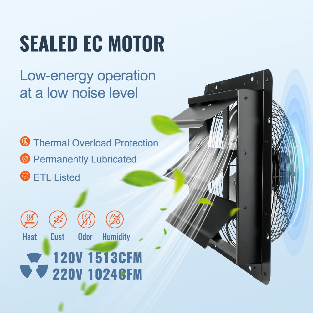 VEVOR Shutter Exhaust Fan, 14'' with Temperature Humidity Controller,  EC-motor, 1513 CFM, 10-Speed Adjustable Wall Mount Attic Fan, Ventilation and Cooling for Greenhouses, Garages, Sheds, ETL Listed