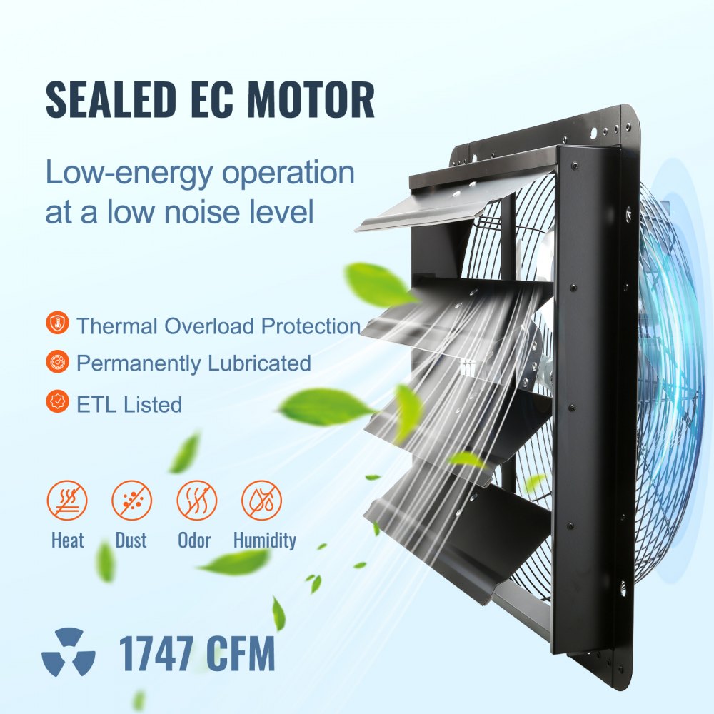 VEVOR Shutter Exhaust Fan, 16'' with Temperature Humidity Controller,  EC-motor, 1550 CFM, 10-Speed Adjustable Wall Mount Attic Fan, Ventilation and Cooling for Greenhouses, Garages, Sheds, ETL Listed