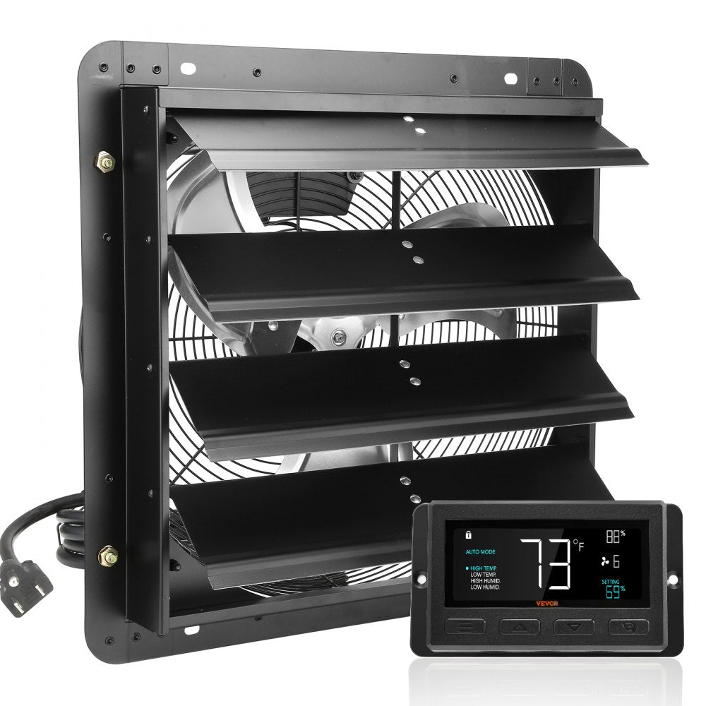 VEVOR Shutter Exhaust Fan, 16'' with Temperature Humidity Controller,  EC-motor, 1550 CFM, 10-Speed Adjustable Wall Mount Attic Fan, Ventilation and Cooling for Greenhouses, Garages, Sheds, ETL Listed