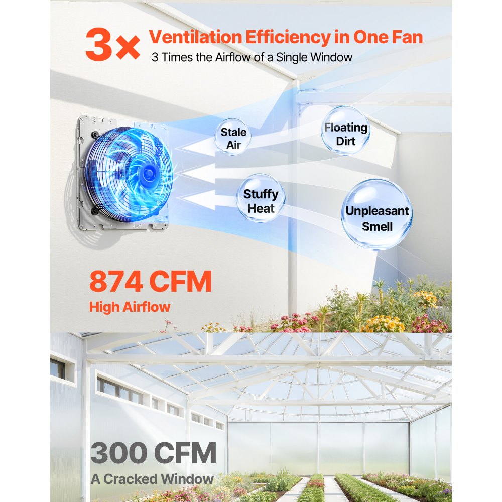VEVOR 10 Inch Shutter Exhaust Fan Wall Mounted 874 CFM Automatic Louvers, Sturdy Steel Housing, Low Noise, AC Motor, Ventilation and Cooling for Attic, Garage, Barn, Greenhouse, Workshop, Silver
