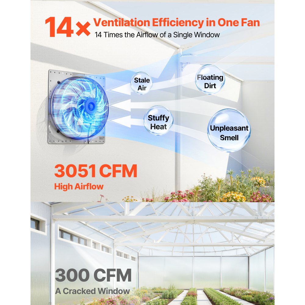 VEVOR 18 Inch Shutter Exhaust Fan Wall Mounted Automatic Louvers Silver, Sturdy Steel Housing, 3051 CFM Low Noise, AC Motor, Ventilation and Cooling for Attic, Garage, Barn, Greenhouse, Workshop