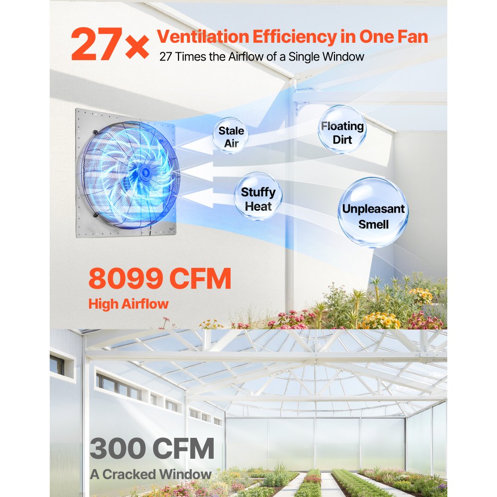 VEVOR 30 Inch Shutter Exhaust Fan Wall Mounted Automatic Louvers Silver, Sturdy Steel Housing, Low Noise, AC Motor, 8099 CFM Ventilation and Cooling for Attic, Garage, Barn, Greenhouse, Workshop