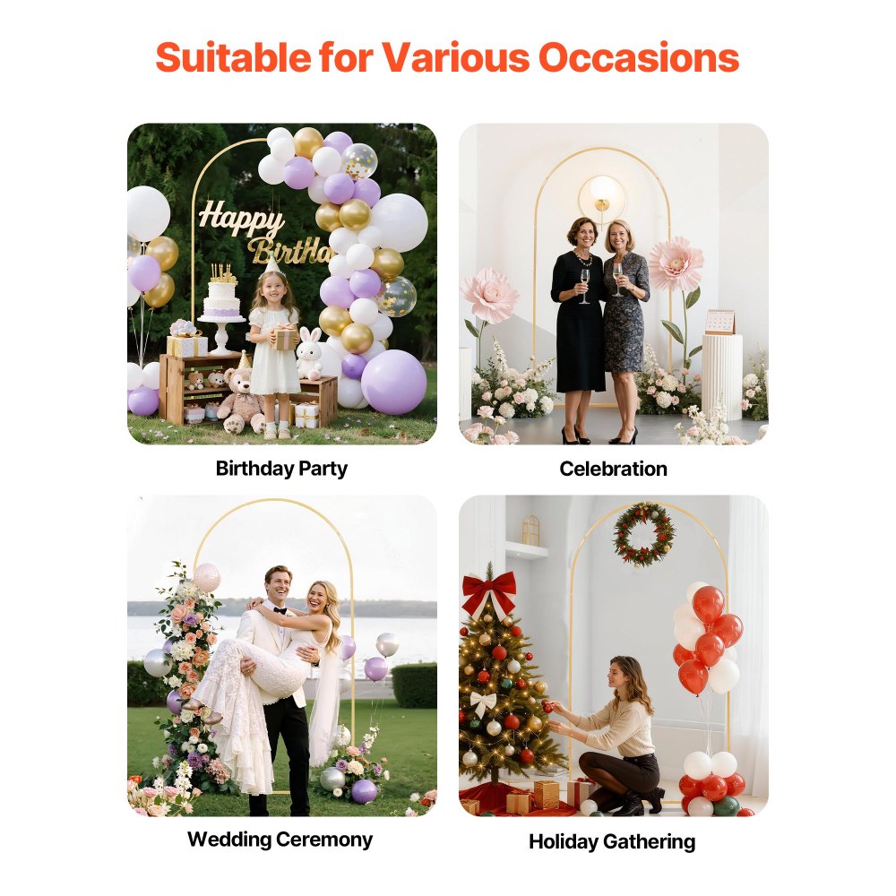 VEVOR Arch Backdrop Stand, 7.2 x 4 ft, Stable Structure, Easy Assembly, 1 Piece Gold Metal Arch Backdrop Stand for Wedding, Birthday Party, Graduation, Holiday Celebration, and Ceremony Decoration