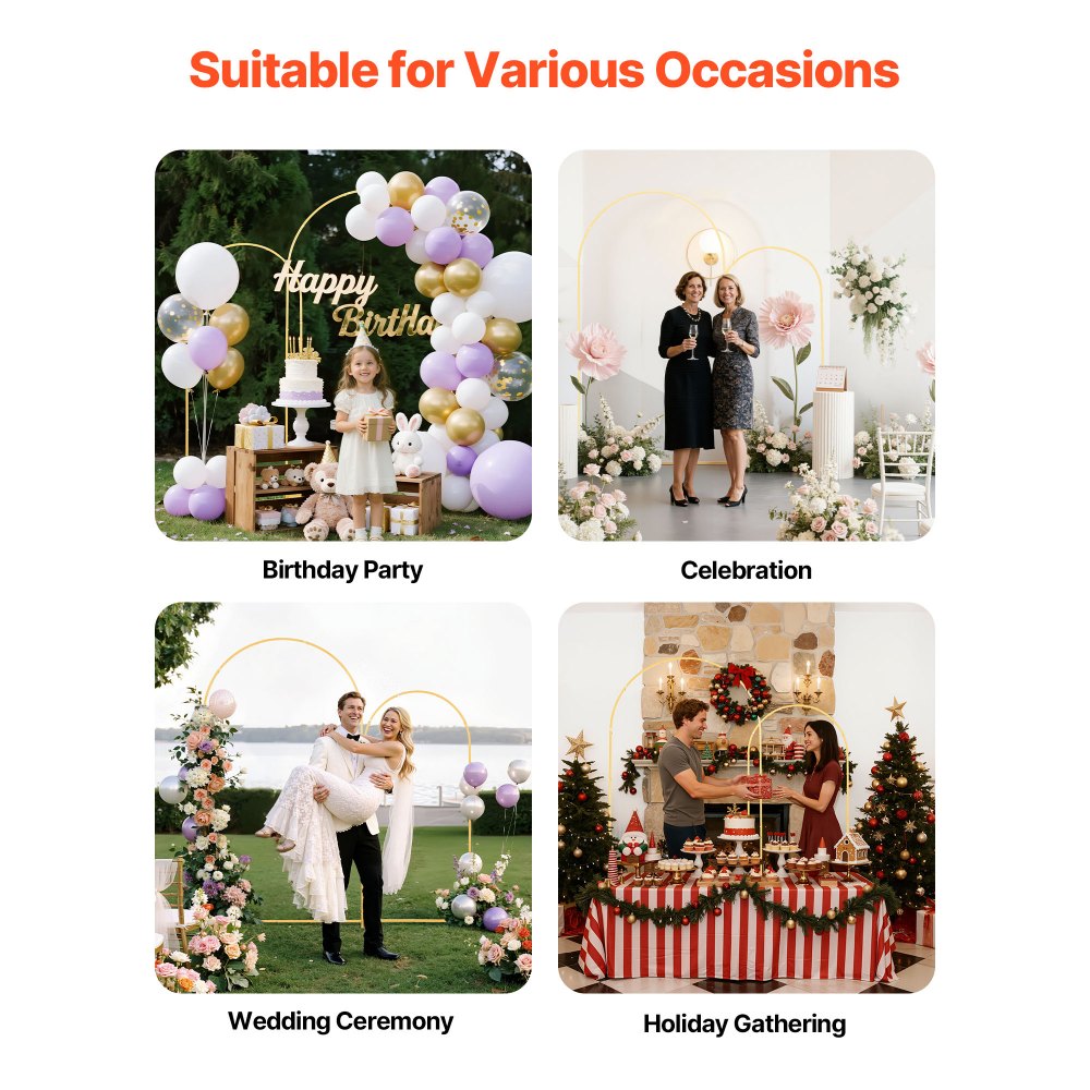 VEVOR Arch Backdrop Stand, Set of 2, 7.2 ft and 6 ft, Stable Structure, Easy Assembly, Gold Metal Arch Backdrop Stand for Wedding, Birthday Party, Graduation, Celebration, and Ceremony Decoration