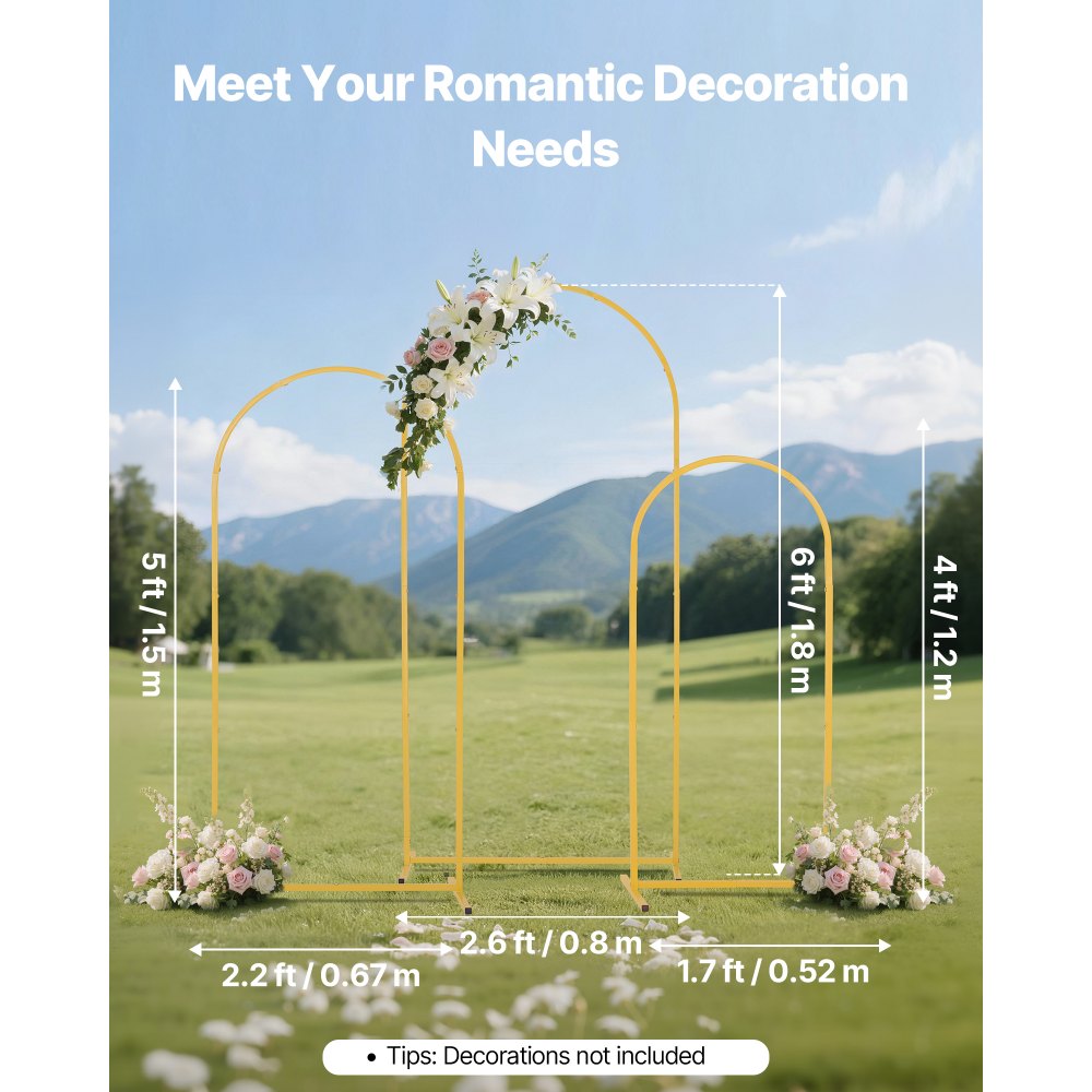 VEVOR Arch Backdrop Stand, Set of 3, 6/5/4 ft, Stable Structure, Easy Assembly, Gold Metal Arch Backdrop Stand for Wedding, Birthday Party, Graduation, Holiday Celebration, and Ceremony Decoration