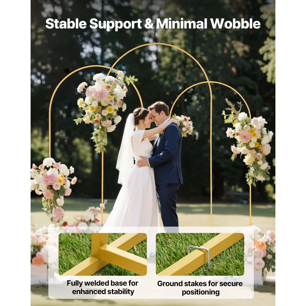 VEVOR Arch Backdrop Stand, Set of 3, 8/7.2/6.6 ft, Stable Structure, Easy Assembly, Gold Metal Arch Backdrop Stand for Wedding, Birthday Party, Graduation, Holiday Celebration, and Ceremony Decoration