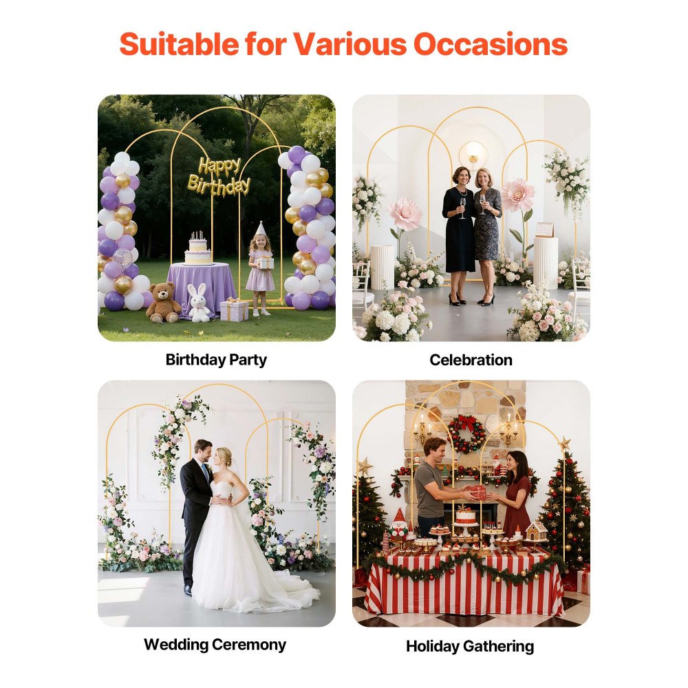 VEVOR Arch Backdrop Stand, Set of 3, 8/7.2/6.6 ft, Stable Structure, Easy Assembly, Gold Metal Arch Backdrop Stand for Wedding, Birthday Party, Graduation, Holiday Celebration, and Ceremony Decoration
