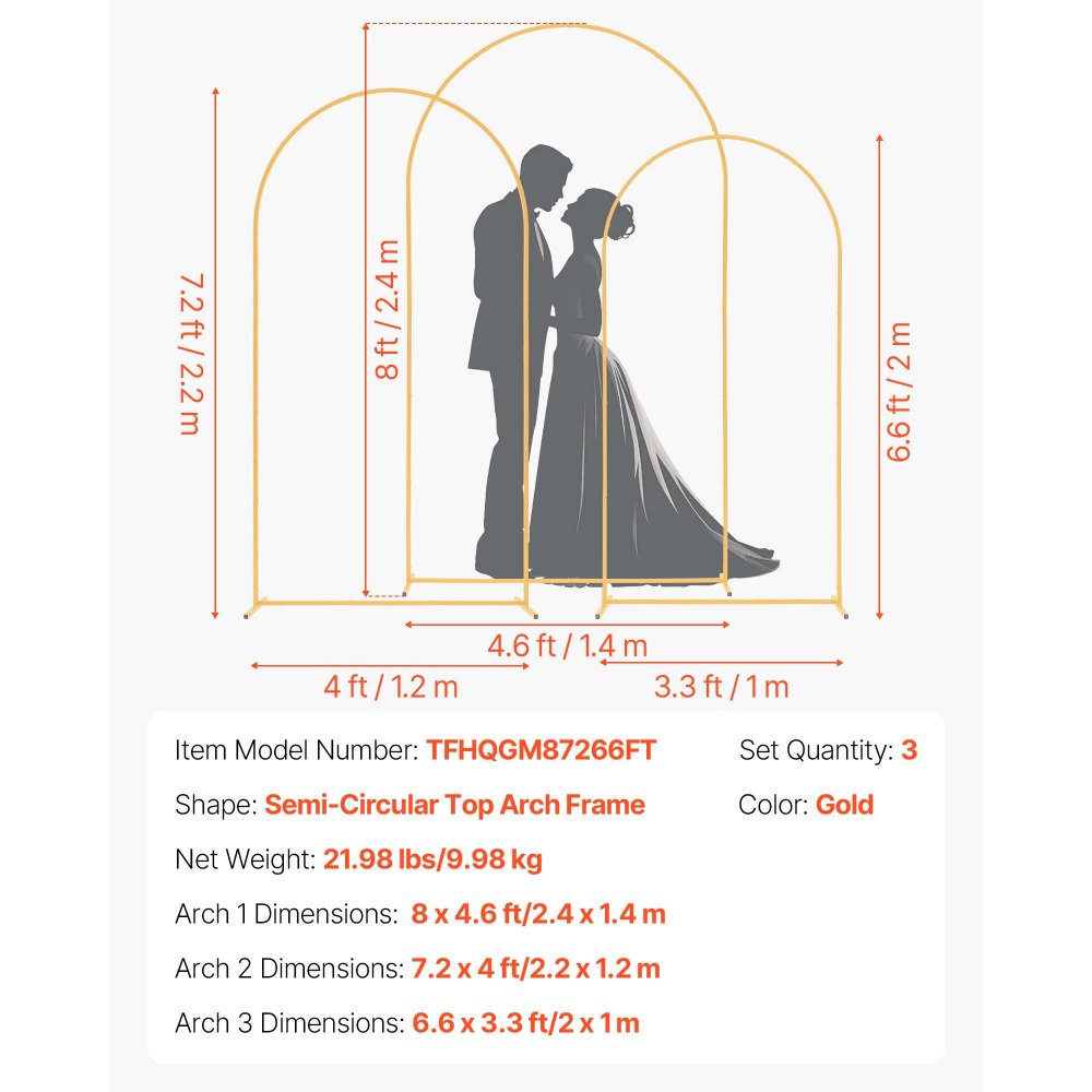 VEVOR Arch Backdrop Stand, Set of 3, 8/7.2/6.6 ft, Stable Structure, Easy Assembly, Gold Metal Arch Backdrop Stand for Wedding, Birthday Party, Graduation, Holiday Celebration, and Ceremony Decoration