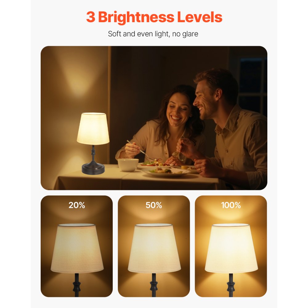 VEVOR Cordless Table Lamp, 5200mAh Built-in Rechargeable Battery Small Desk Lamp, 3-Level Brightness, Fabric Shade, 2700-3000K Color Temperature, Table Light for Restaurant, Bedroom, Bars, Black