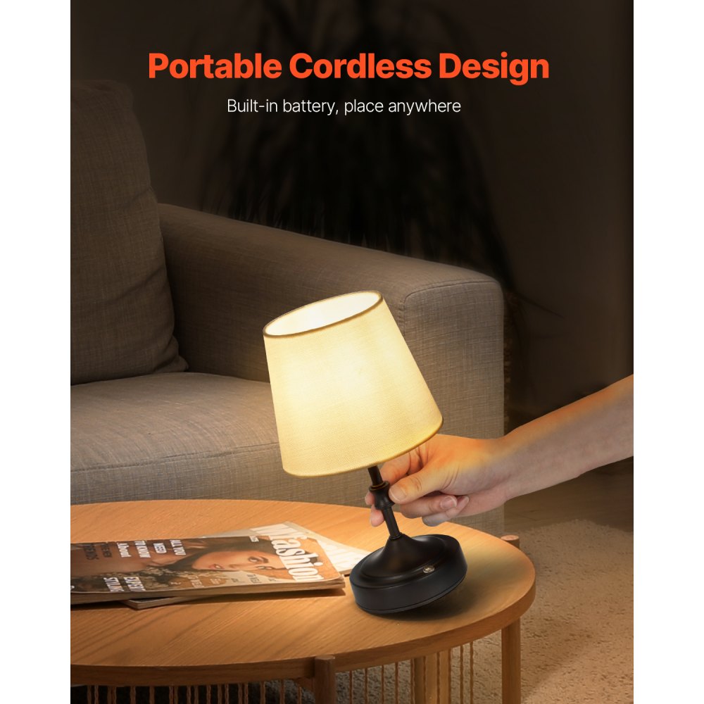VEVOR Cordless Table Lamp, 5200mAh Built-in Rechargeable Battery Small Desk Lamp, 3-Level Brightness, Fabric Shade, 2700-3000K Color Temperature, Table Light for Restaurant, Bedroom, Bars, Black