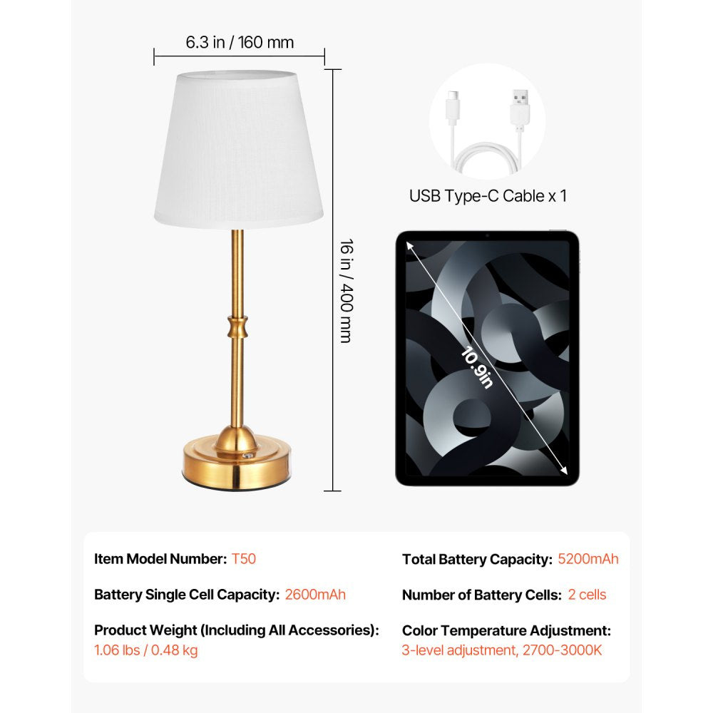 VEVOR Cordless Table Lamp, 5200mAh Built-in Rechargeable Battery Desk Lamp, 3-Level Brightness, Fabric Shade, 2700-3000K Color Temperature, Table Light for Restaurant, Bedroom, Bar Counter, Gold