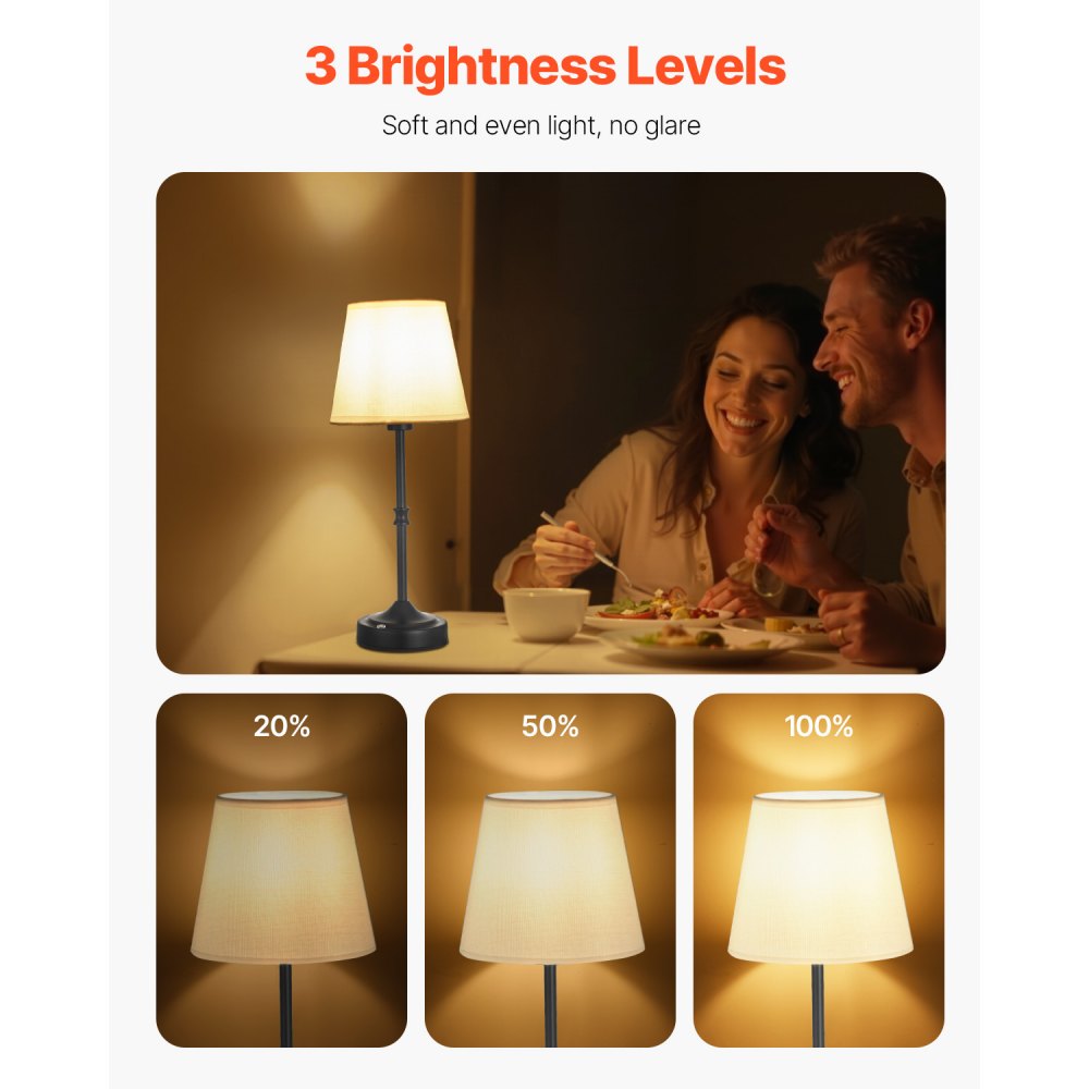 VEVOR Cordless Table Lamp, 2 Pack, 5200mAh Built-in Rechargeable Battery Desk Lamp, 3-Level Brightness, Fabric Shade, 2700-3000K Color Temperature, Table Light for Restaurant, Bedroom, Bars, Black