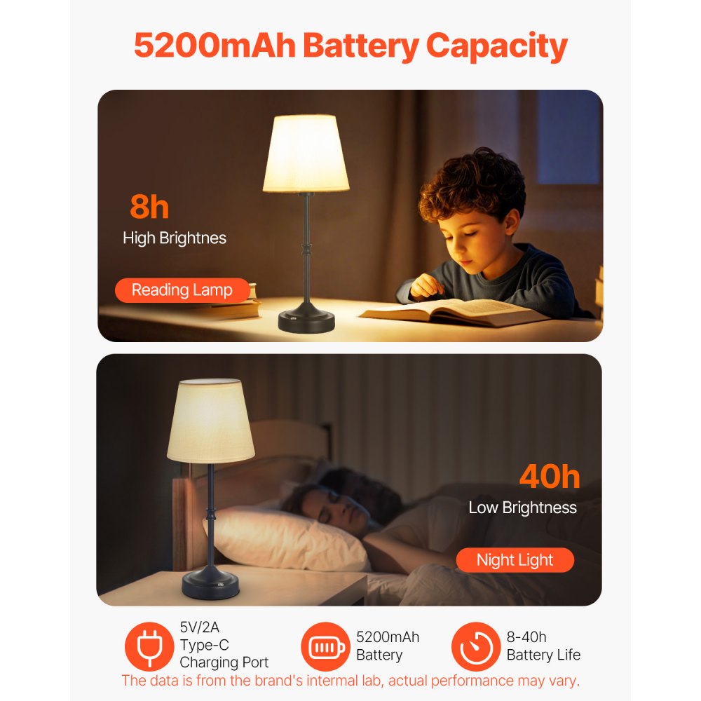 VEVOR Cordless Table Lamp, 2 Pack, 5200mAh Built-in Rechargeable Battery Desk Lamp, 3-Level Brightness, Fabric Shade, 2700-3000K Color Temperature, Table Light for Restaurant, Bedroom, Bars, Black