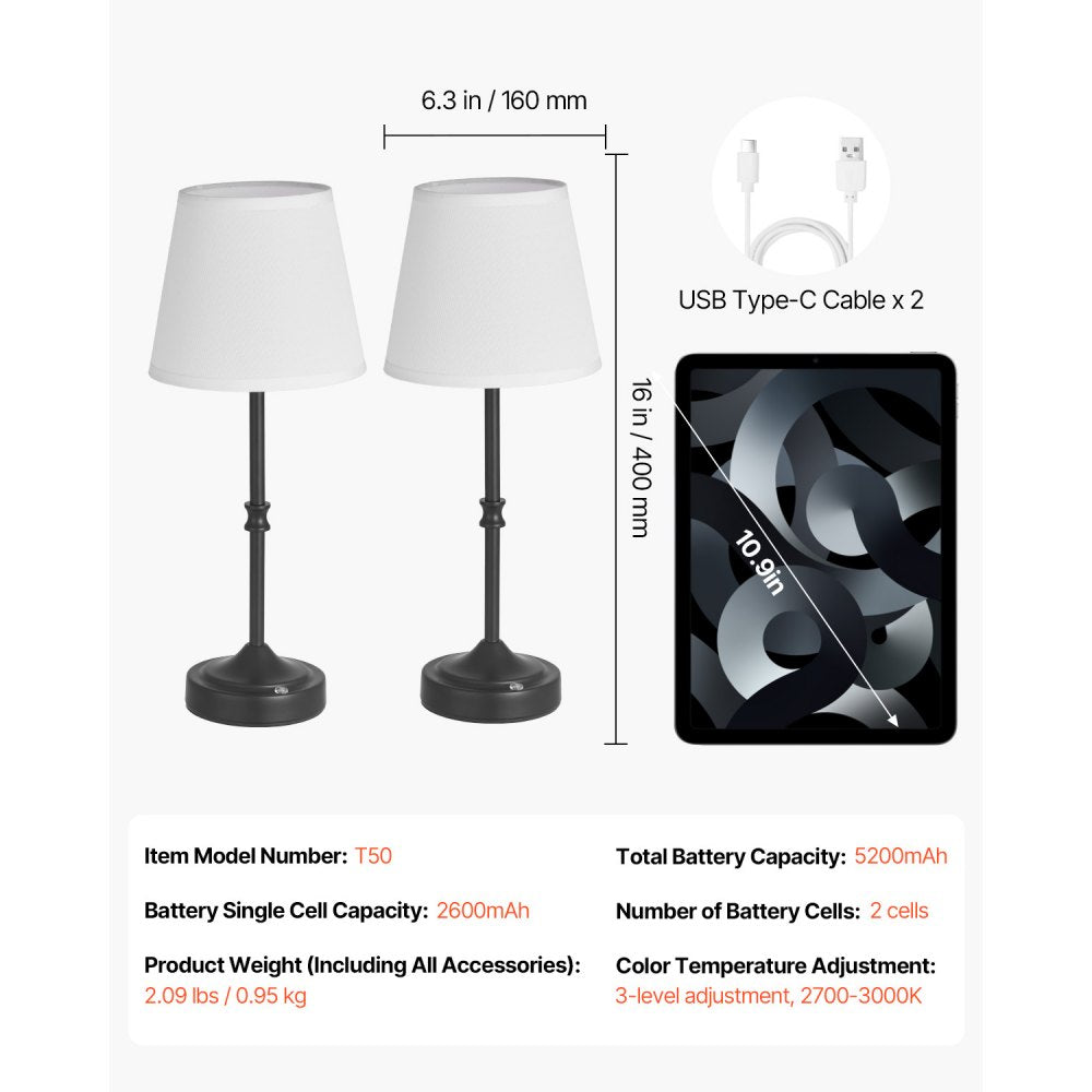 VEVOR Cordless Table Lamp, 2 Pack, 5200mAh Built-in Rechargeable Battery Desk Lamp, 3-Level Brightness, Fabric Shade, 2700-3000K Color Temperature, Table Light for Restaurant, Bedroom, Bars, Black
