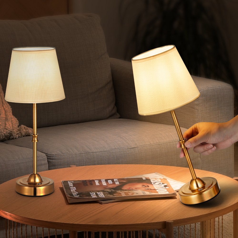VEVOR Cordless Table Lamp, 2 Pack, 5200mAh Built-in Rechargeable Battery Desk Lamp, 3-Level Brightness, Fabric Shade, 2700-3000K Color Temperature, Table Light for Restaurant, Bedroom, Bars, Gold