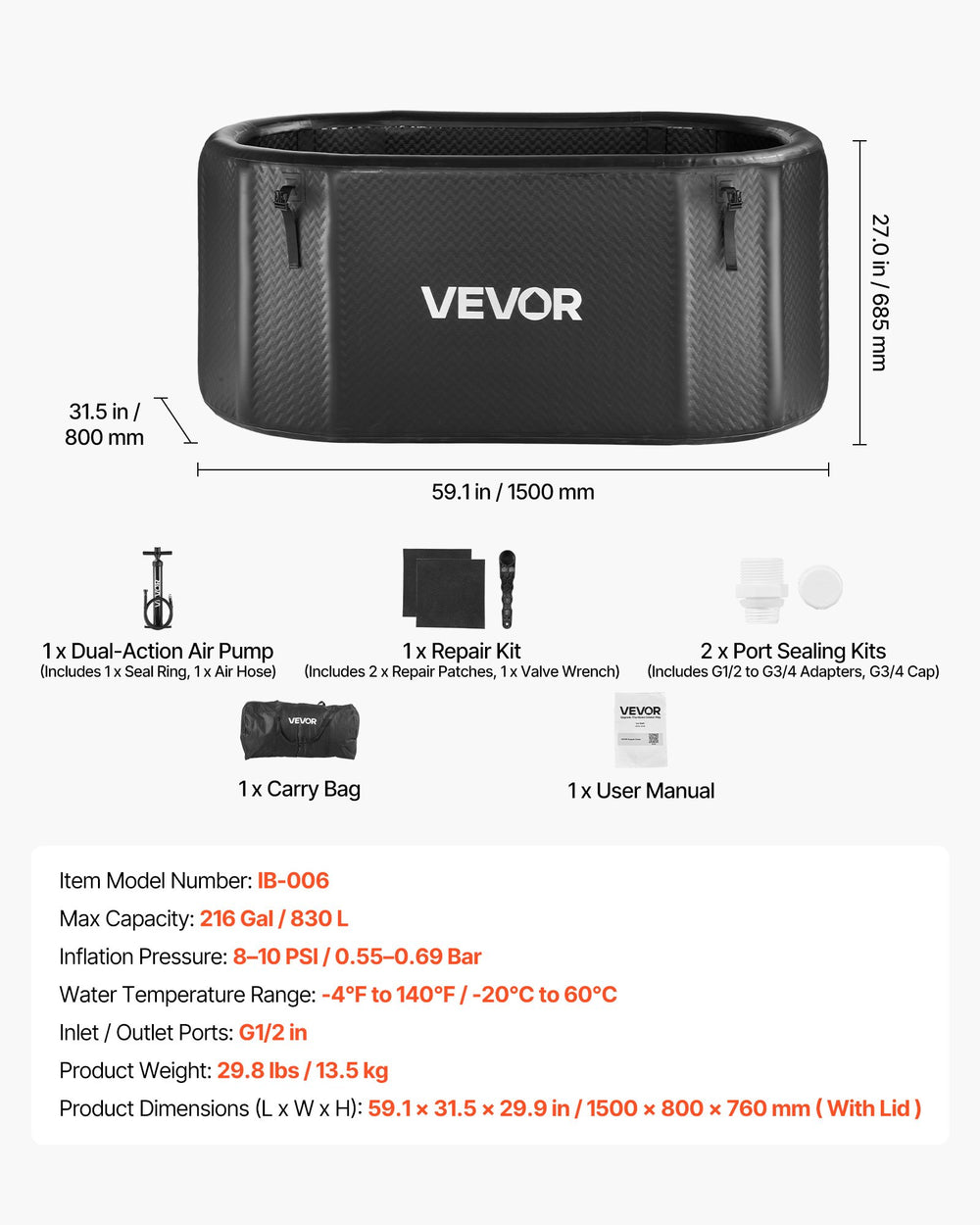 VEVOR Cold Plunge Tub, 216 Gallon, Inflatable Ice Bath Tub Compatible with Water Chillers, Portable Cold Water Bathtub with Insulated Lid, for Athletes Recovery, 59.1" x 31.5" x 29.9" (No Chiller)