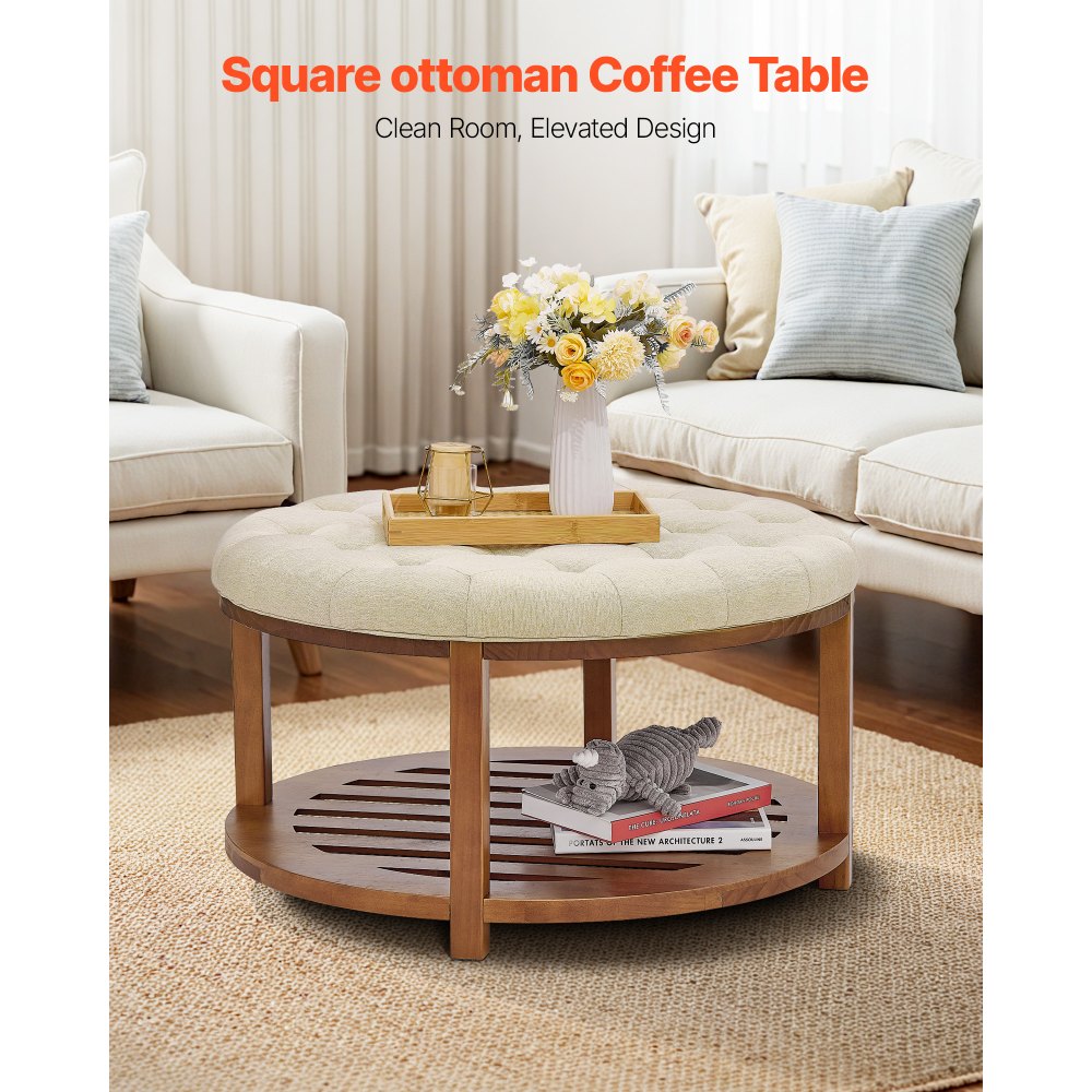 VEVOR Large Round Ottoman Coffee Table, 31.9 Inch Tufted Coffee Table with Solid Wood Shelf Storage, Linen Solid Upholstered Footrest Ottoman for Bedroom Living Room, 350 LBS, Linen Color