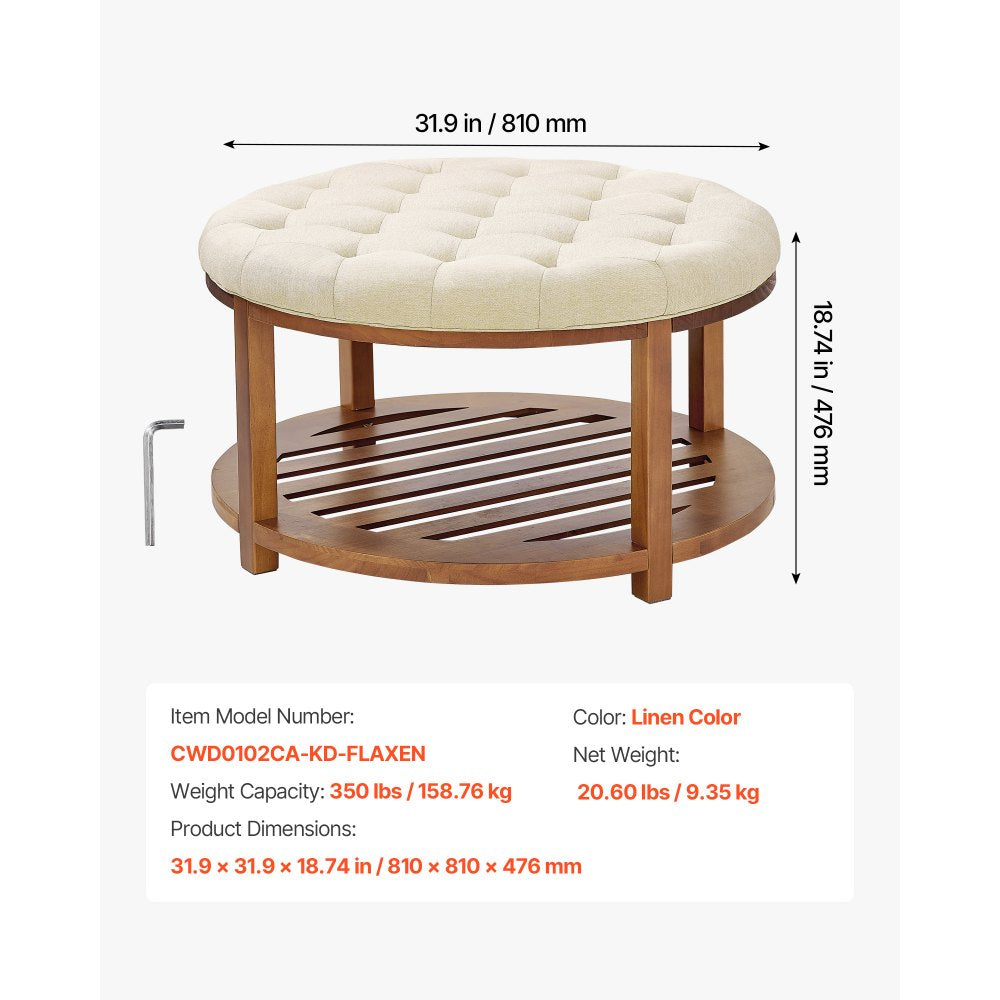 VEVOR Large Round Ottoman Coffee Table, 31.9 Inch Tufted Coffee Table with Solid Wood Shelf Storage, Linen Solid Upholstered Footrest Ottoman for Bedroom Living Room, 350 LBS, Linen Color