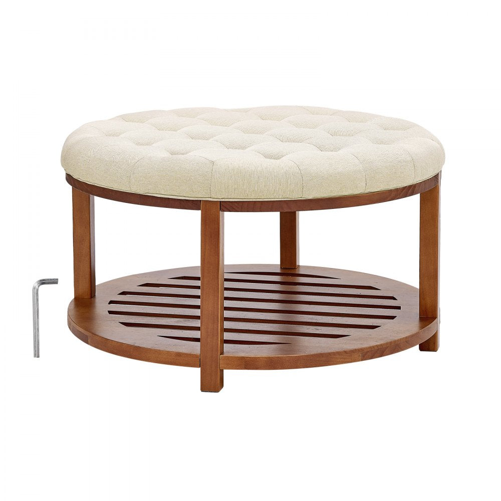 VEVOR Large Round Ottoman Coffee Table, 31.9 Inch Tufted Coffee Table with Solid Wood Shelf Storage, Linen Solid Upholstered Footrest Ottoman for Bedroom Living Room, 350 LBS, Linen Color