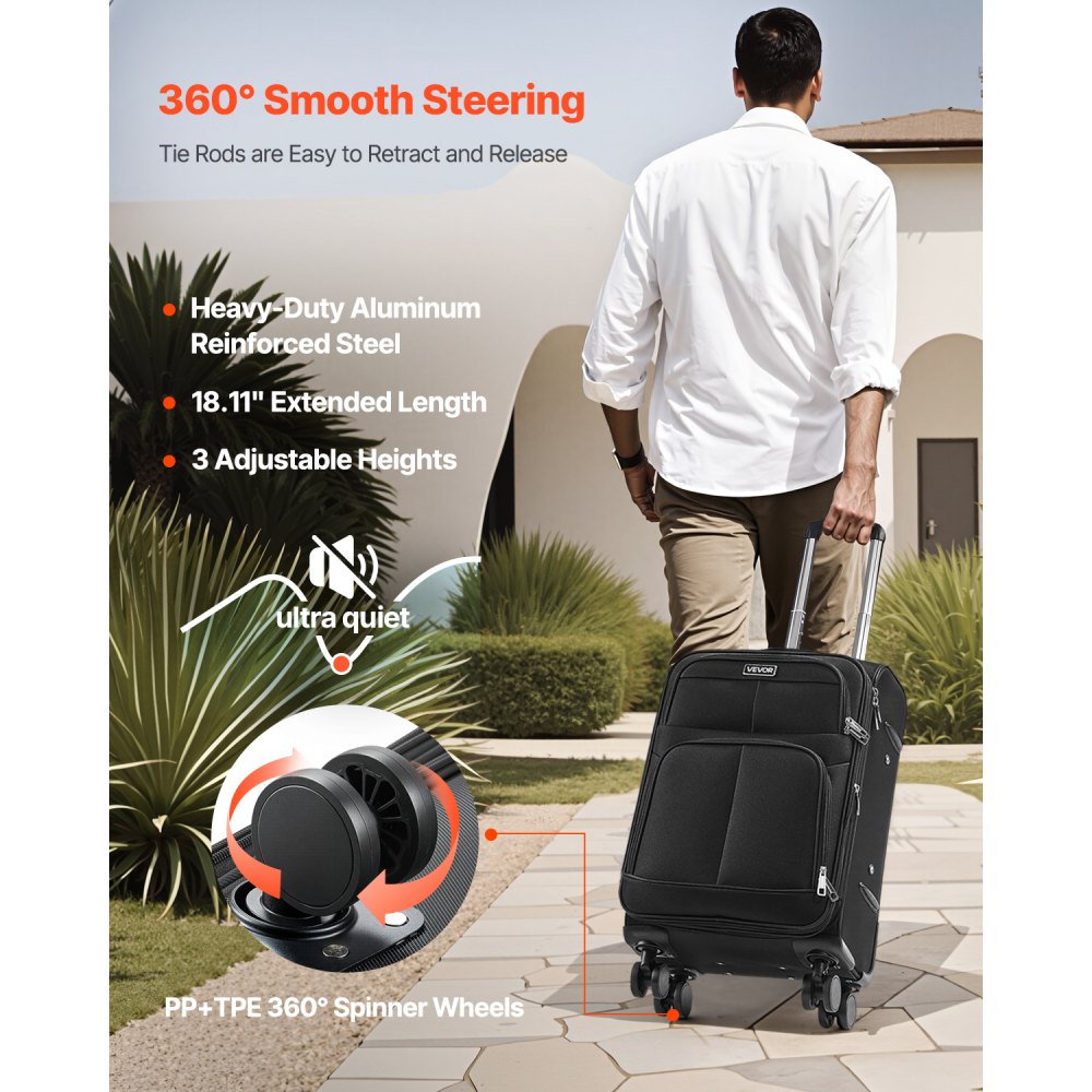 VEVOR Softside Expandable Luggage with Spinner Wheels, 20-Inch Softside Carry on Luggage, Lightweight Checked Suitcase with Expandable Zippered Pocket and TSA Lock, Black