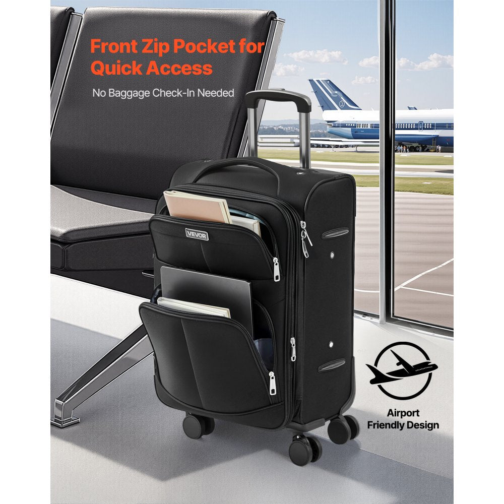 VEVOR Softside Expandable Luggage with Spinner Wheels, 20-Inch Softside Carry on Luggage, Lightweight Checked Suitcase with Expandable Zippered Pocket and TSA Lock, Black