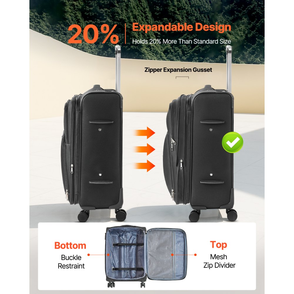 VEVOR Softside Expandable Luggage with Spinner Wheels, 24-Inch Softside Checked Medium Luggage, Lightweight Checked Suitcase with Expandable Zippered Pocket and TSA Lock, Black