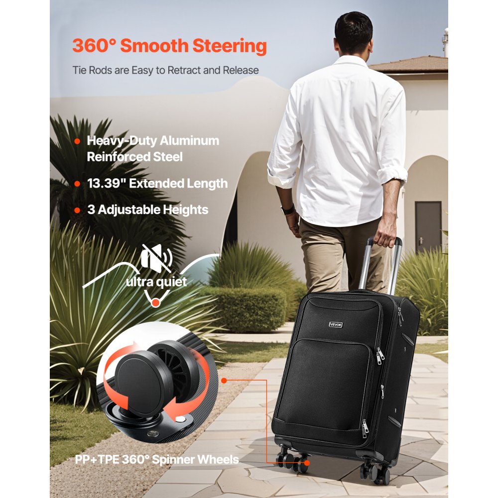 VEVOR Softside Expandable Luggage with Spinner Wheels, 24-Inch Softside Checked Medium Luggage, Lightweight Checked Suitcase with Expandable Zippered Pocket and TSA Lock, Black