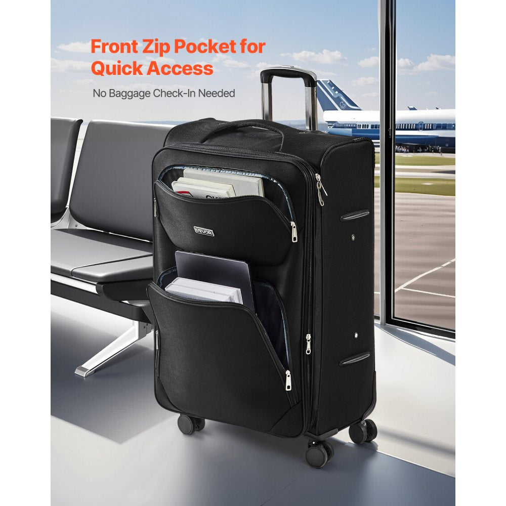 VEVOR Softside Expandable Luggage with Spinner Wheels, 28-Inch Softside Checked Large Luggage, Lightweight Checked Suitcase with Expandable Zippered Pocket and TSA Lock, Black