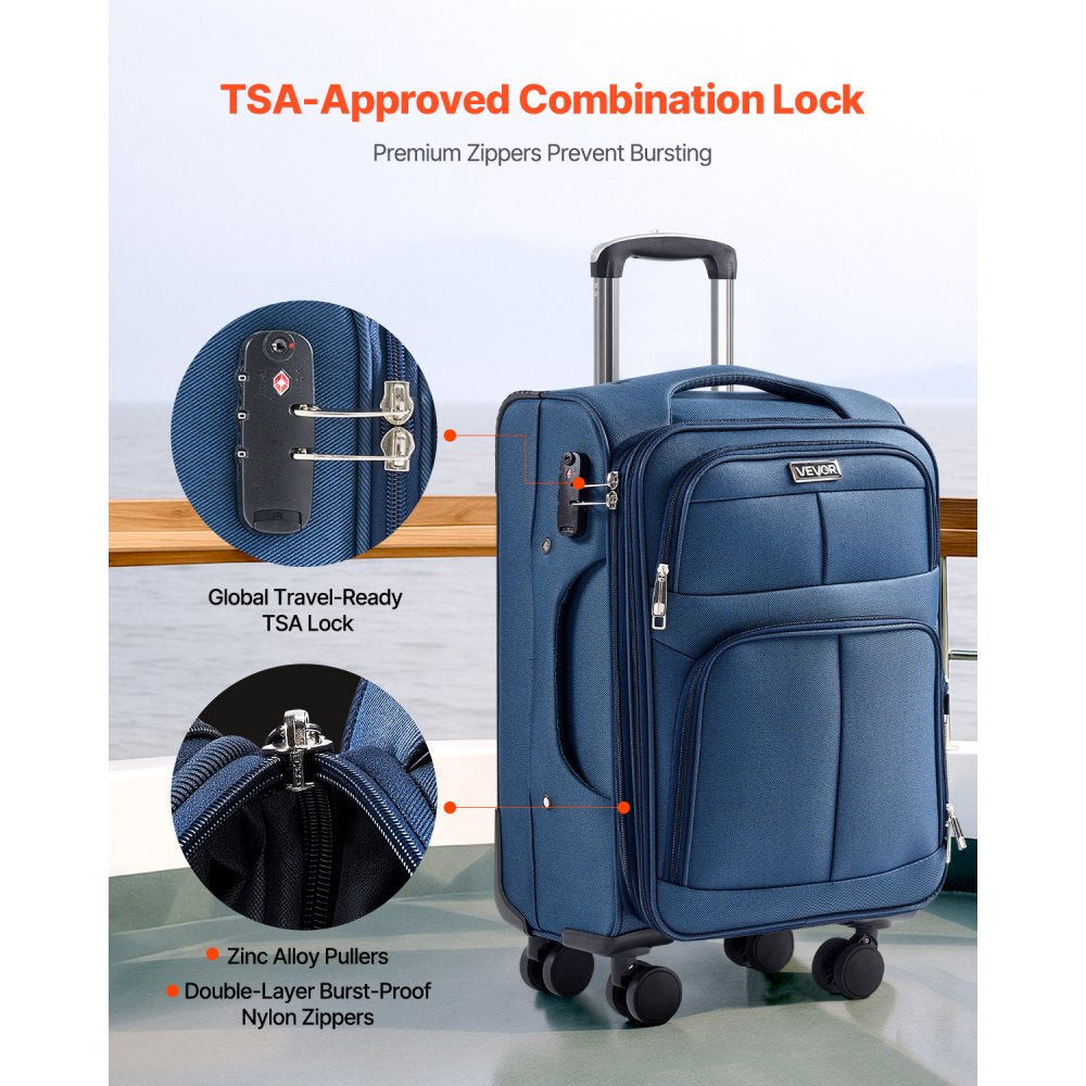 VEVOR Softside Expandable Luggage with Spinner Wheels, 20-Inch Softside Carry on Luggage, Lightweight Checked Suitcase with Expandable Zippered Pocket and TSA Lock, Blue