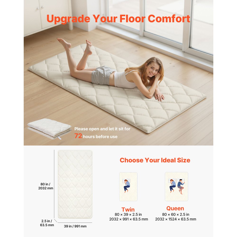 VEVOR Japanese Tatami Mat, Twin Size Foldable Japanese Tatami Mattress, Futon Mattress with Storage Bag & Fastener, 9-Layer Floor Mat for Sleeping, Dormitory, Meditation, Yoga, 80 x 39 x 2.5 in, White