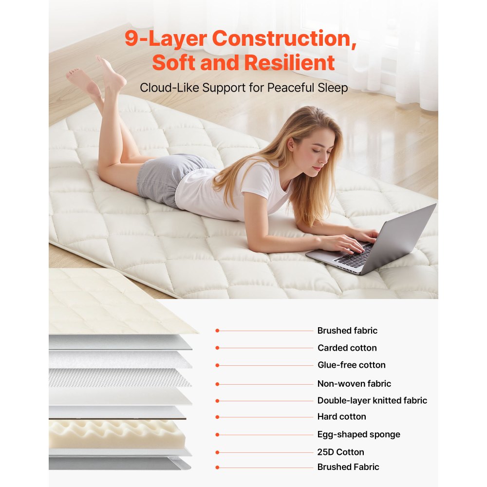 VEVOR Japanese Tatami Mat, Twin Size Foldable Japanese Tatami Mattress, Futon Mattress with Storage Bag & Fastener, 9-Layer Floor Mat for Sleeping, Dormitory, Meditation, Yoga, 80 x 39 x 2.5 in, White