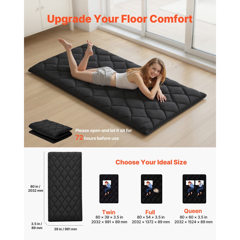 VEVOR Japanese Tatami Mat, Twin Size Foldable Japanese Tatami Mattress, Futon Mattress with Storage Bag & Fastener, 9-Layer Floor Mat for Sleeping, Dormitory, Meditation, Yoga, 80 x 39 x 3.5 in, Black
