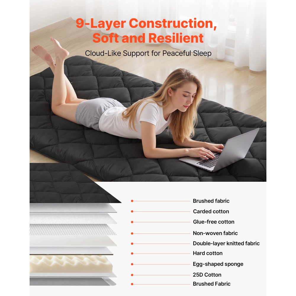VEVOR Japanese Tatami Mat, Twin Size Foldable Japanese Tatami Mattress, Futon Mattress with Storage Bag & Fastener, 9-Layer Floor Mat for Sleeping, Dormitory, Meditation, Yoga, 80 x 39 x 3.5 in, Black