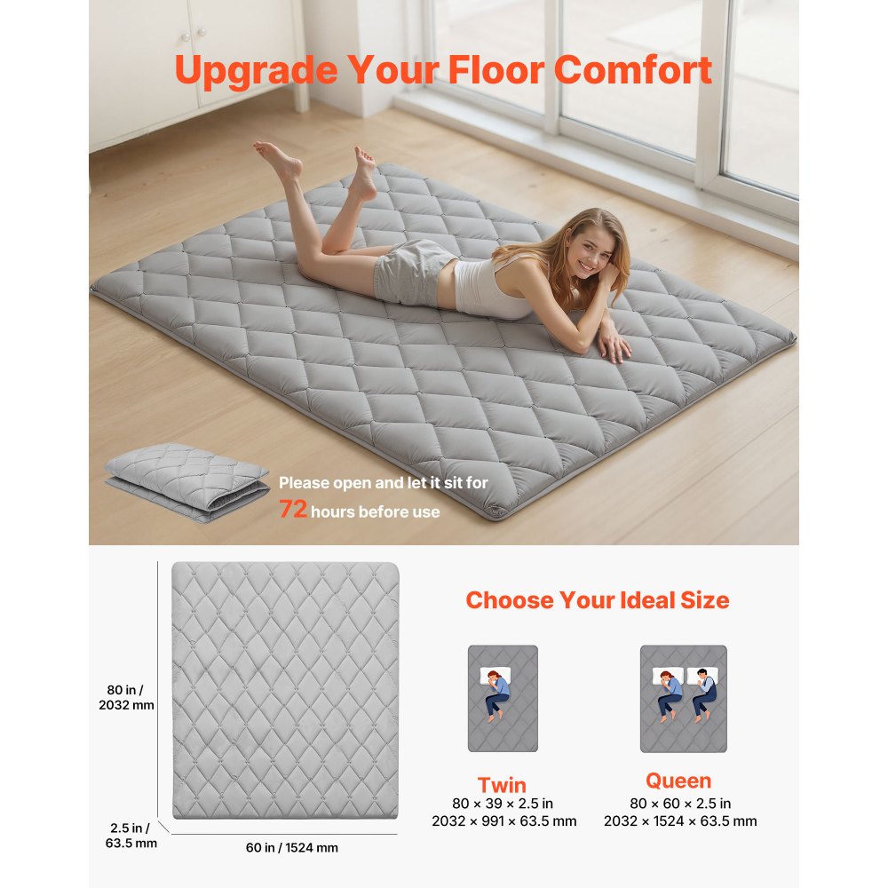 VEVOR Japanese Tatami Mat, Queen Size Foldable Japanese Tatami Mattress, Futon Mattress with Storage Bag & Fastener, 9-Layer Floor Mat for Sleeping, Dormitory, Meditation, Yoga, 80 x 60 x 2.5 in, Gray
